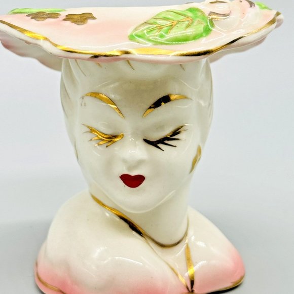 Lady Head Vase Pink Gold Eyelashes Highlights Jewelry Hat 1950s 3 inch - Picture 2 of 8
